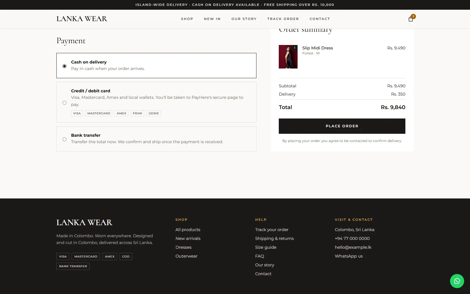 Lanka Wear: online clothing store, checkout page