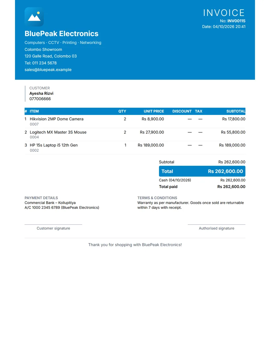 A4 invoice generated by Nexsora POS