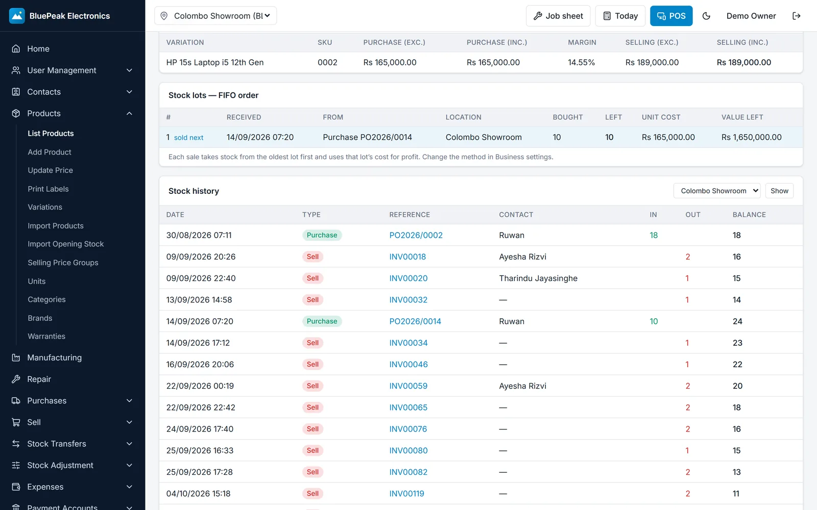 Product stock shown as FIFO lots