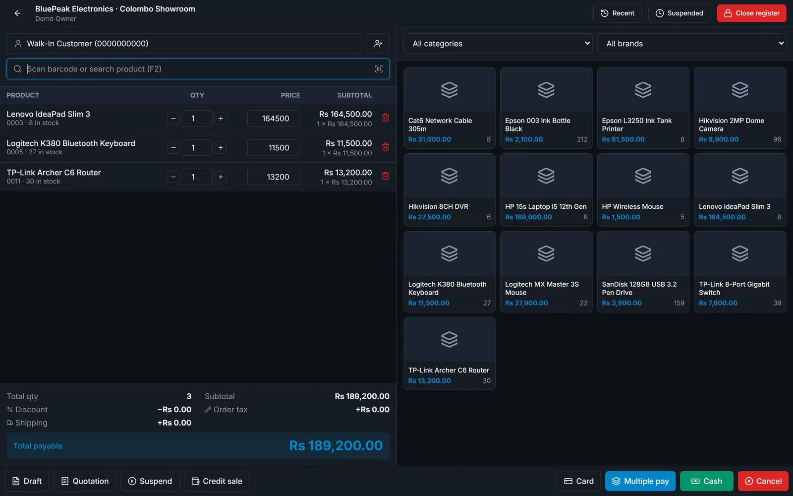 Nexsora POS sales screen in dark mode